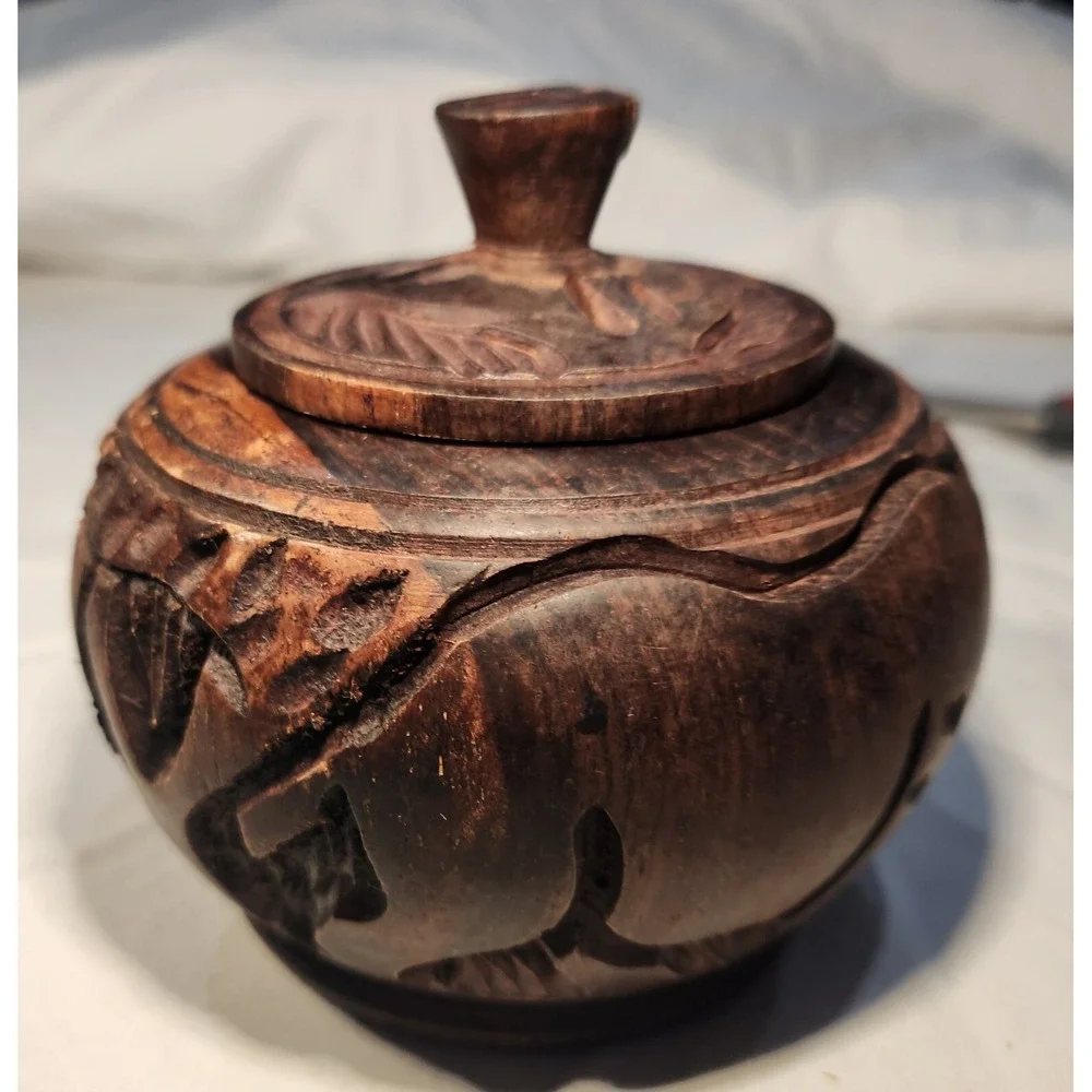 Vintage African Wooden Spice Jar Round Handmade Elephants Approx. 3